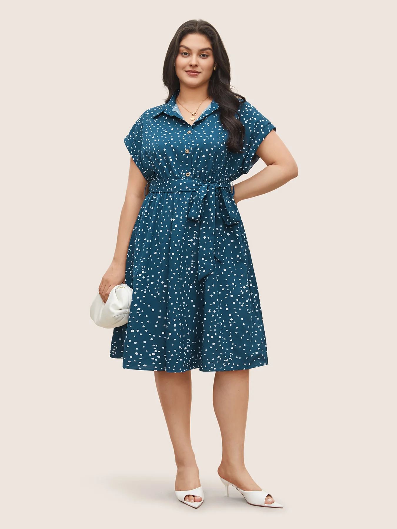 Polka Dot Elastic Waist Belted Batwing Sleeve Dress