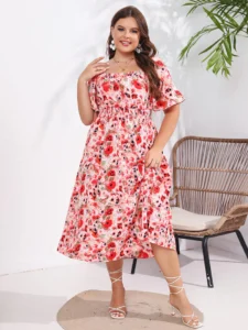 Plus Floral Off Shoulder Puff Sleeve Elastic Waist Ruffled Shirred Midi Dress