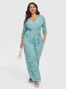 Solid Contrast Lace Belted Jumpsuit, plus size spring looks