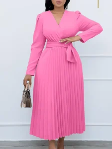 Belt Buckle Pleated Solid Color Long Sleeves Loose V-Neck Midi Dresses