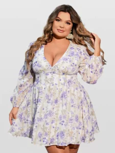 Floral Print V-Neck Puff Sleeve Ruffle Dress