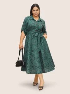 Shirt Collar Polka Dot Elastic Waist Belted Dress