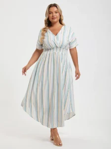 Plus Colorblock Striped Dolman Sleeve Pocket Notched Hem Maxi Dress