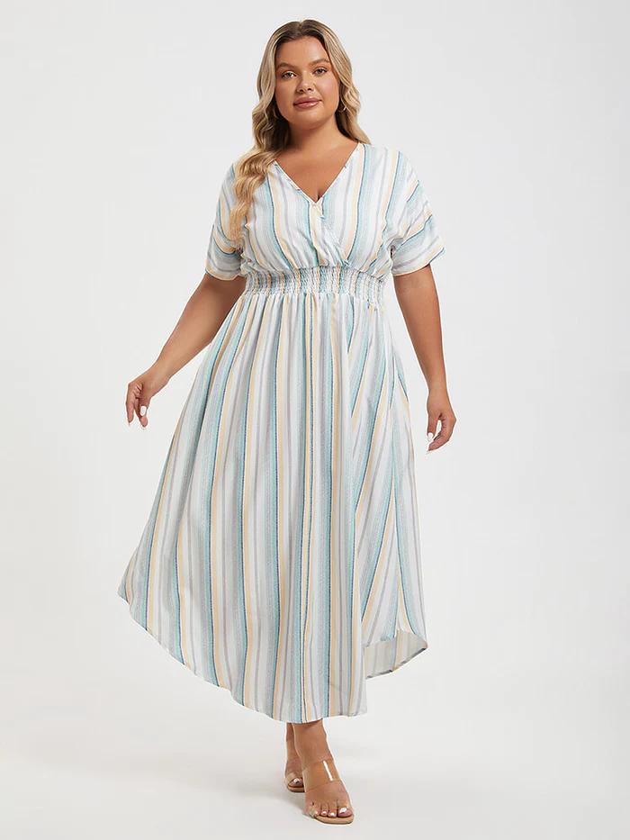 Plus Colorblock Striped Dolman Sleeve Pocket Notched Hem Maxi Dress