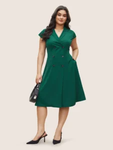 Suit Collar Double Breasted Ruffle Cap Sleeve Dress