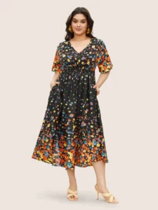 Floral Printed Pocket V Neck Shirred Split Hem Dress