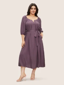 Solid Notched Puff Sleeve Belted Flutter Hem Dress