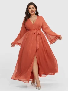 V-Neck Flare Sleeve Belted Dress