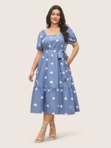 Polka Dot Gathered Belted Lantern Sleeve Dress