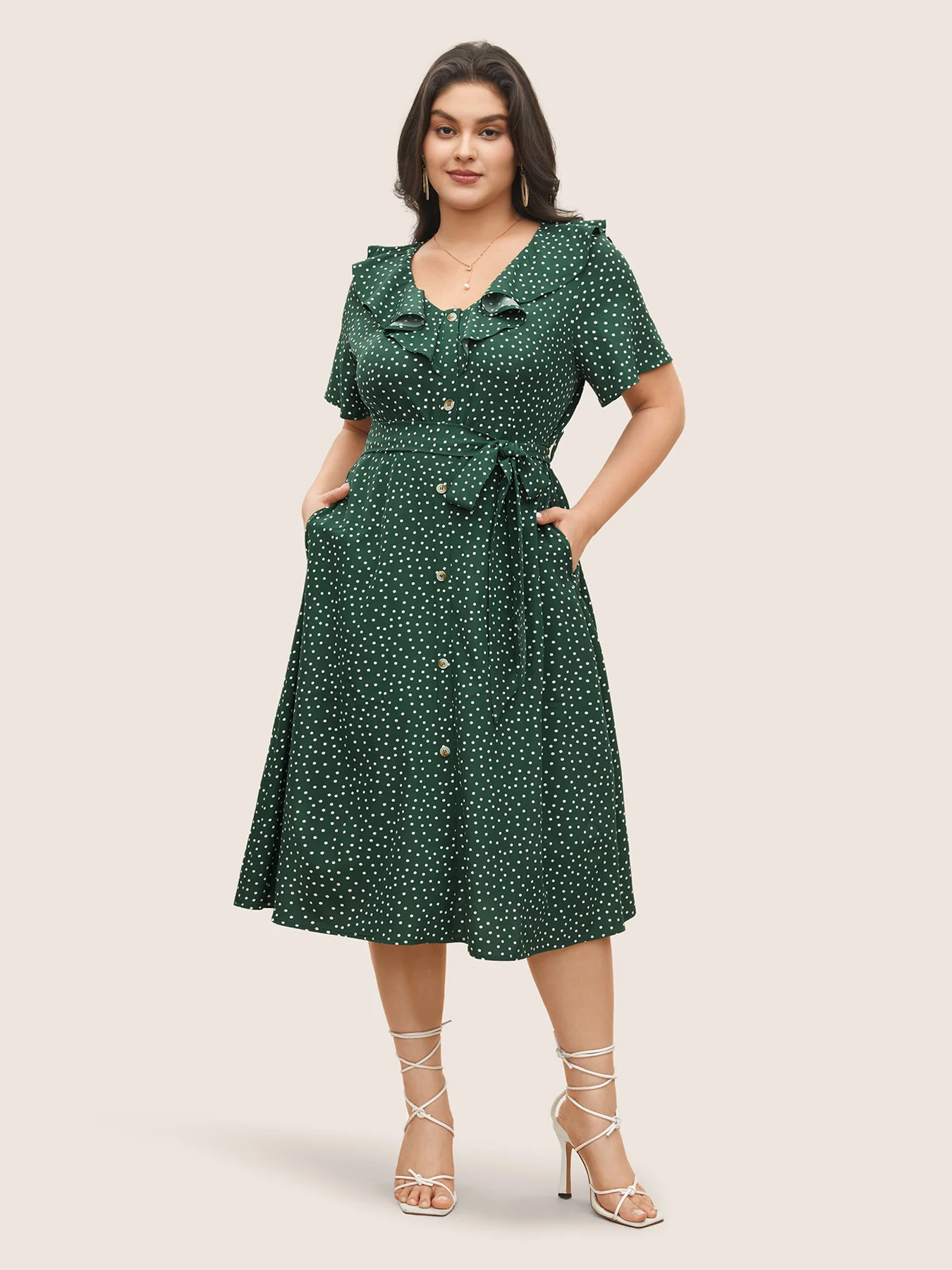 Polka Dot Flutter Trim Belted Button Detail Dress