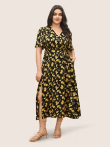 Fruits Print Belted Surplice Neck Split Side Dress, bloomchic plus-size dresses