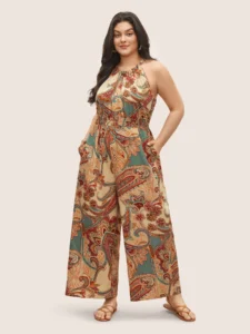 Paisley Print Halter Shirred Elastic Waist Jumpsuit