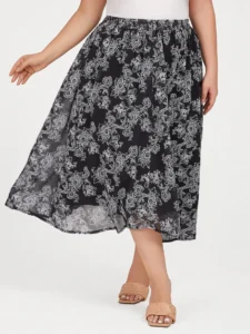 Plus Black Floral Elastic Waist Skirt