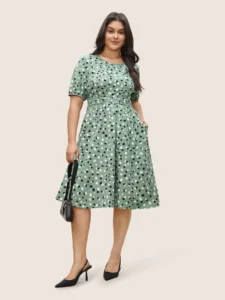 Allover Print Pleated Lantern Sleeve Dress, springtime plus-size dresses