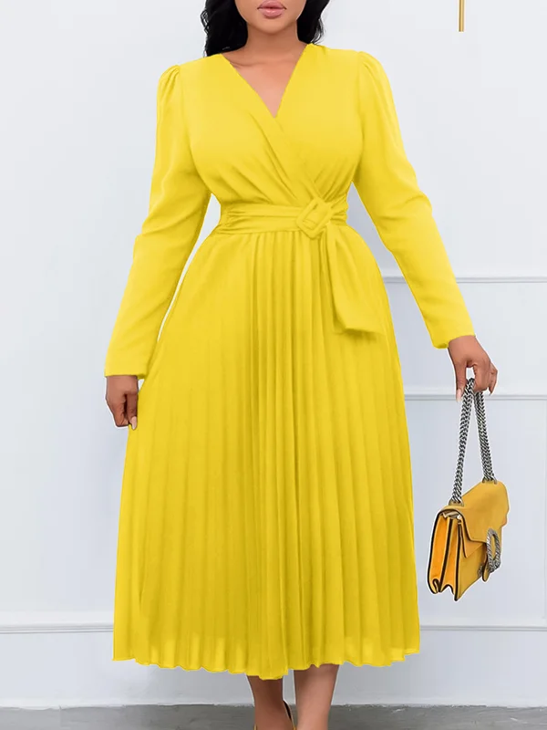 Belt Buckle Pleated Solid Color Long Sleeves Loose V-Neck Midi Dresses