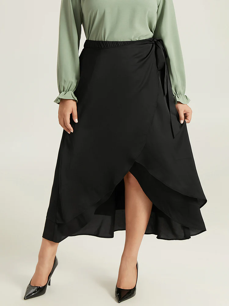 Anti-Wrinkle Ruffles Ties Asymmetrical Hem Skirt, plus size spring looks