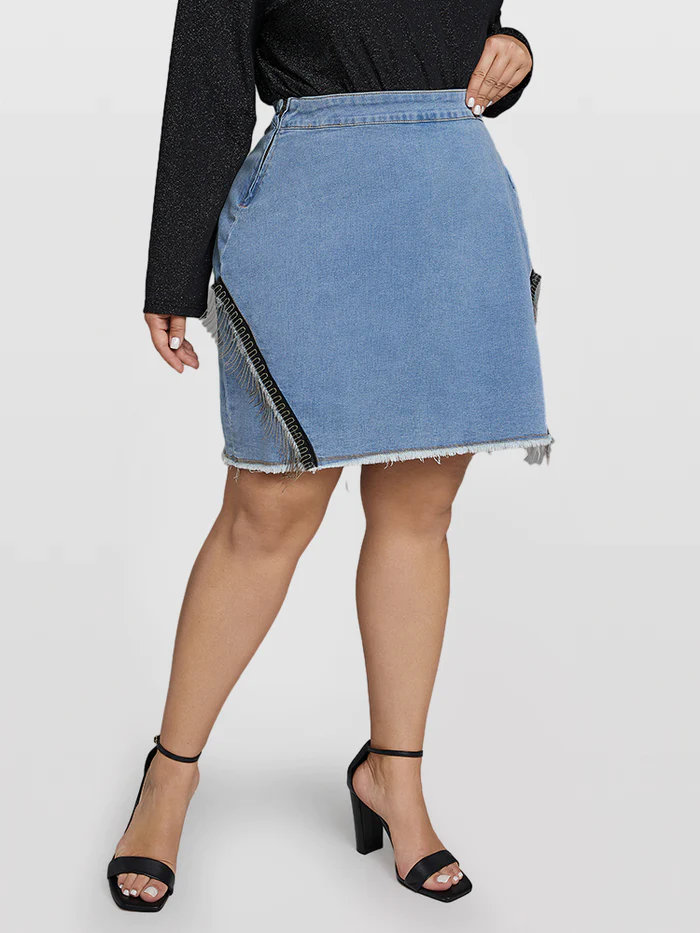 Fringe Trim Decoration Denim Skirt