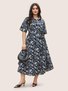 Ditsy Floral Elastic Waist Belted Shirt Collar Dress