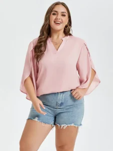 Plain Notched Neck Cut Out Blouse, plus-size spring outfits