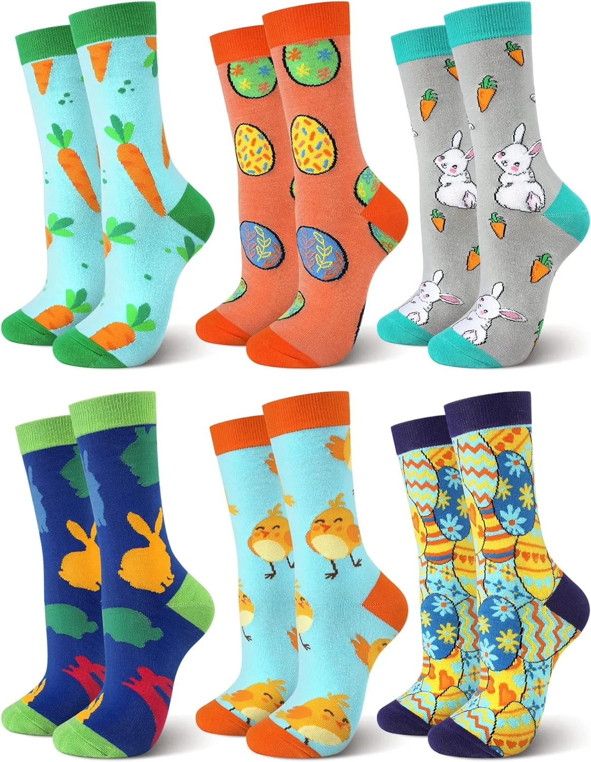 Six pairs of colorful Easter socks with rabbits, eggs, carrots and chicks.