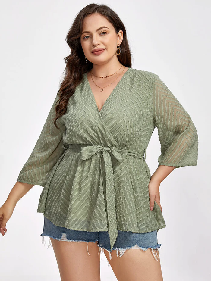 Plus Jacquard V Neck Lantern Sleeve Tie Front Blouse