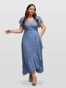 Plus Floral V-Neck Ruffle Sleeves Wrap Maxi Dress