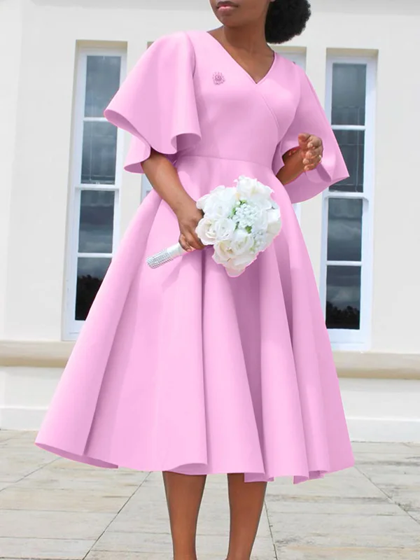 Solid Color Flared Sleeves High Waisted V-neck Midi Dresses