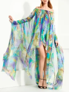 Batwing Sleeves High-Low Printed Off-The-Shoulder Maxi Dresses