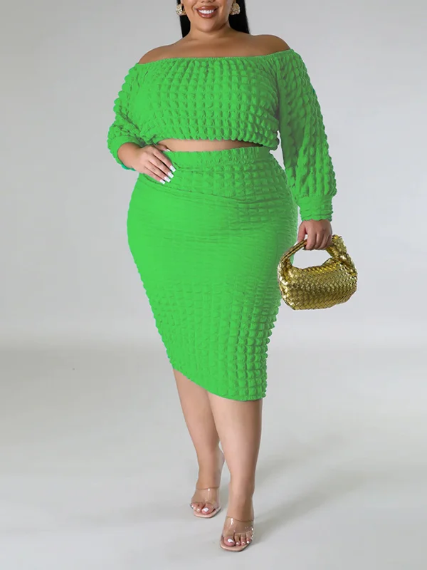 Solid Color Long Sleeves Off-The-Shoulder Shirts Top&High Waisted Skirts Bottom Two Pieces Set