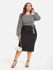 Houndstooth Print Lantern Sleeve Belted Dress