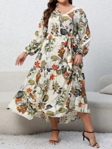 Flower Print Pleated Tied Waist High Waisted Long Sleeves V-neck Maxi Dresses