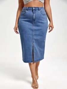 Plus Blue Slit Front Denim Skirt