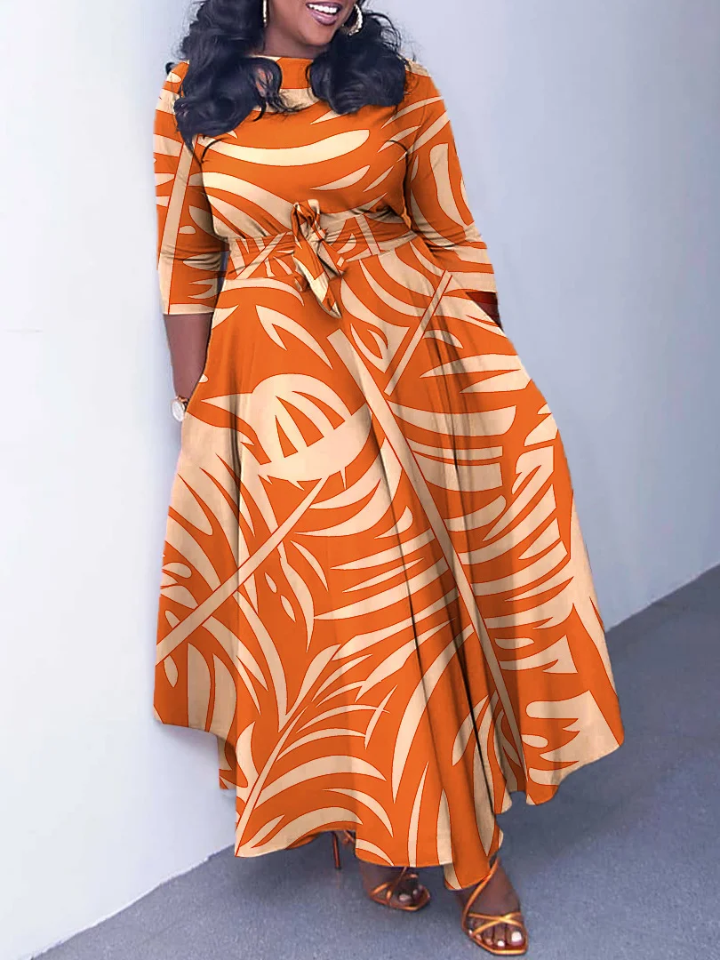 Contrast Color Printed Tied Waist Long Sleeves Loose Round-Neck Maxi Dresses