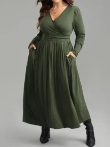 Asymmetric Pleated Solid Color Long Sleeves Loose Deep V-Neck Maxi Dresses