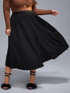 Plus Black Elastic Waist Pleated Skirt