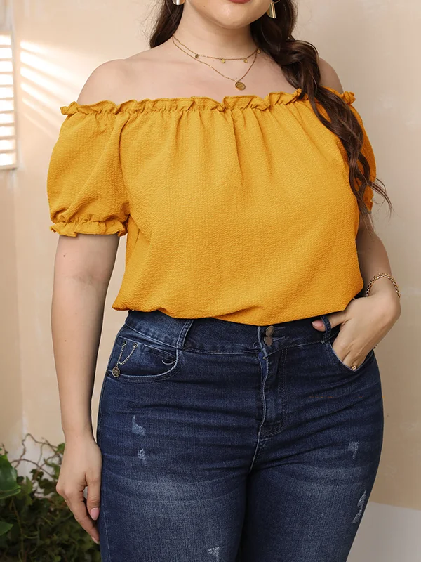 Elasticity Pleated Solid Color Loose Plus Size Off-The-Shoulder T-Shirts Tops