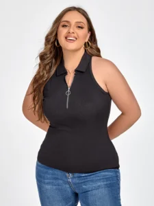 Plus Black Zipper Front Collar Tank Top, Plus Size Summer Outfits