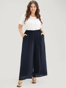 Plain Pocket Shirred Waist Chiffon Pants