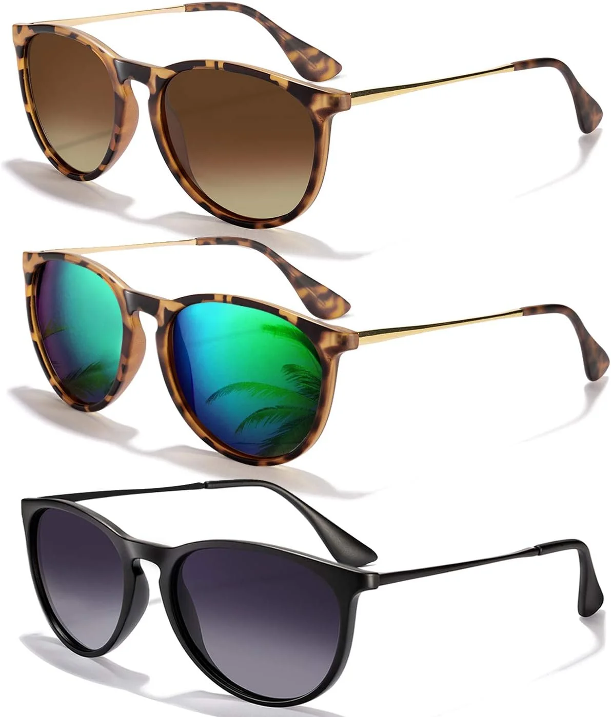 Round sunglasses with dark lenses and gold-tone frames