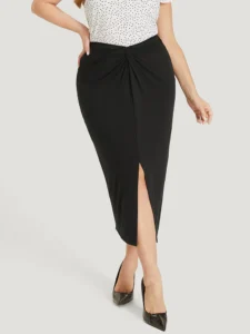 Plain Twist Front Split Hem Midi Skirt