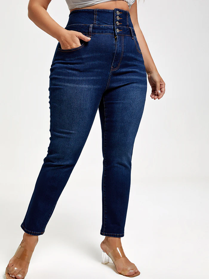 Plus Blue High Waist Button Skinny Jeans