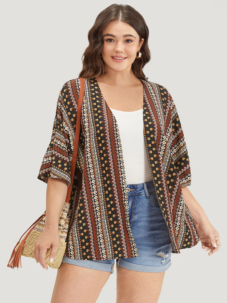 Boho Print Open Front Half Sleeve Kimono