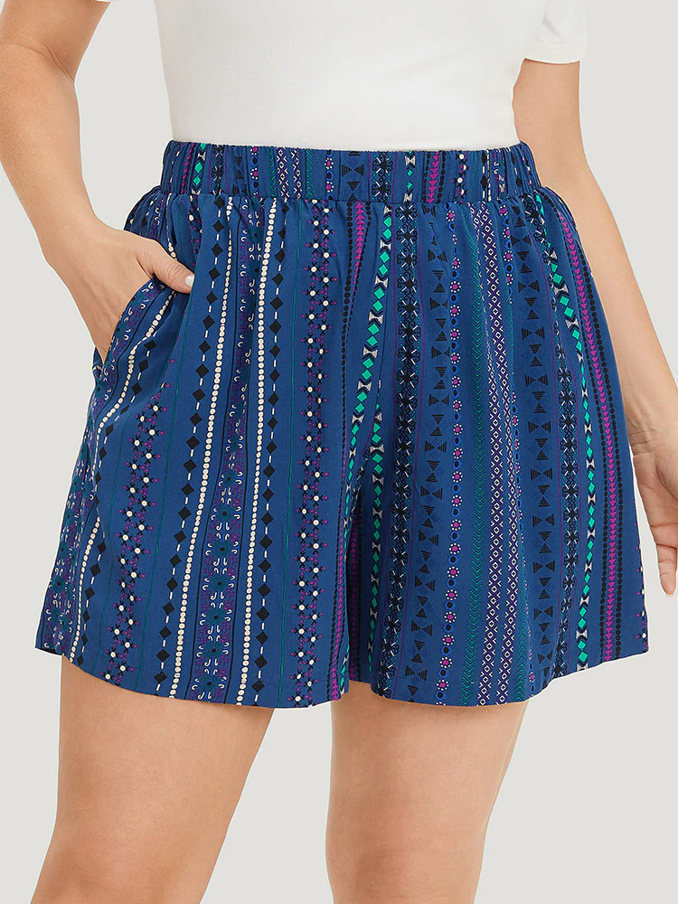 Boho Print Pocket Elastic Waist Shorts