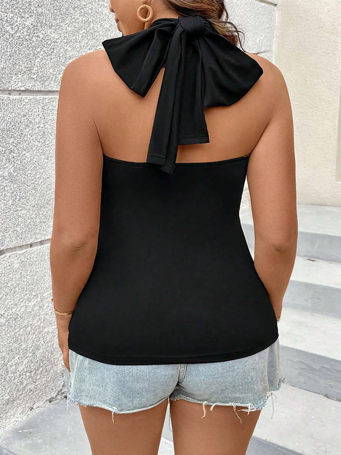 Crossed V-Neck Halter Tie Back Top