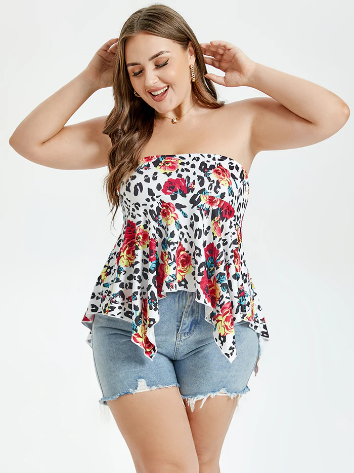 Floral & Leopard Print Ruffle Disty Tube Top