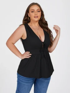 Plus Black Tie Front Ruffle Hem Tank Top