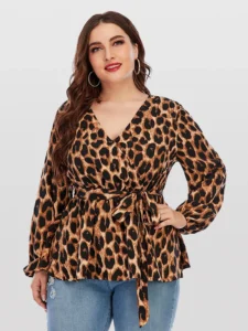 Plus Brown Leopard Print Puff Sleeve Crisscross Wrap Blouse