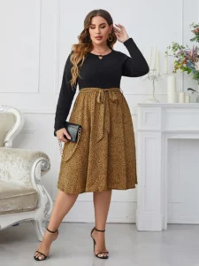 Plus Leopard Print Patchwork Keyhole Neck Belted Midi Dress, Plus Size Summer Outfits