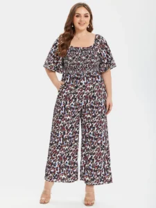 Plus Leopard Square Neck Ruffle Sleeve Pocket Elastic Waist Jumpsuits, Plus Size Summer Outfits