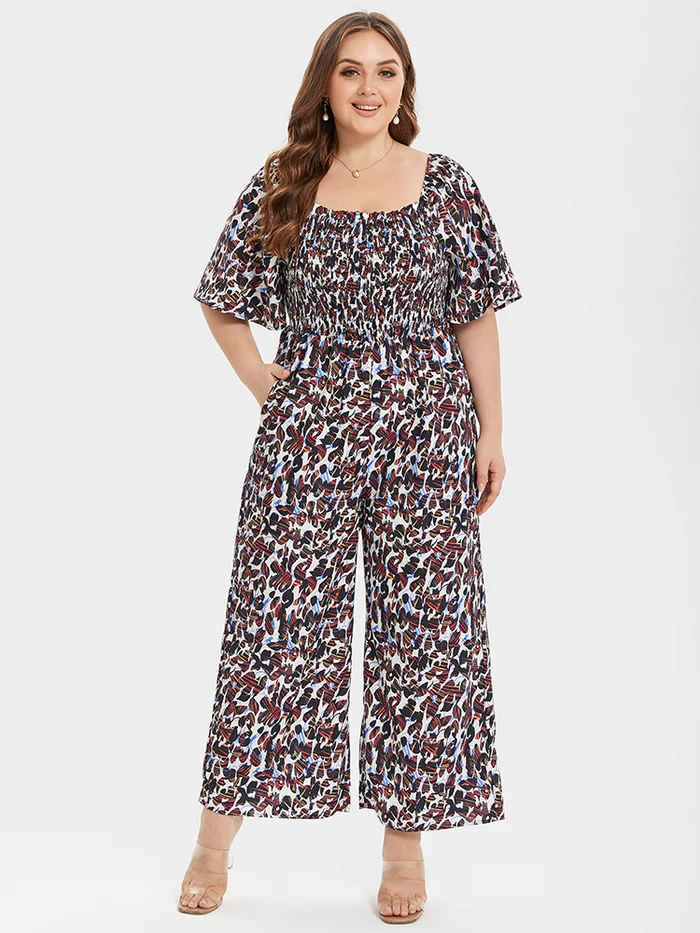 Leopard-print plus-size square-neck ruffle-sleeve jumpsuit with pockets